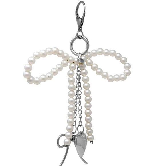 Pearl Silver Bow Heart Keychain Bag Charm - Picture 1 of 2